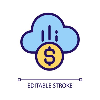 Bulut ödeme pikseli mükemmel RGB renk simgesi. E-ödeme evlat edinme. İnternet üzerinden mali işlemler. İzole vektör çizimi. Basit bir çizgi çizimi. Düzenlenebilir felç. Kullanılan Arial yazı tipi