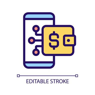 Dijital cüzdan pikseli mükemmel RGB renk simgesi. Çevrim içi ödeme aracı. Kablosuz mali işlem. Cüzdan. İzole vektör çizimi. Basit bir çizgi çizimi. Düzenlenebilir felç. Kullanılan Arial yazı tipi