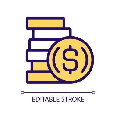 Bozuk para pikseli mükemmel RGB renk simgesi. Nakit olarak. Metal parçası. Dış değişim. Disk parayı şekillendirdi. İzole vektör çizimi. Basit bir çizgi çizimi. Düzenlenebilir felç. Kullanılan Arial yazı tipi