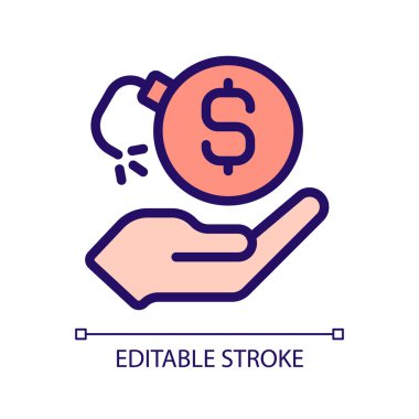 Para kaybı pikseli mükemmel RGB renk simgesi. Finansal risk. İflas davası. Borçlarla uğraşmak. İzole vektör çizimi. Basit bir çizgi çizimi. Düzenlenebilir felç. Kullanılan Arial yazı tipi