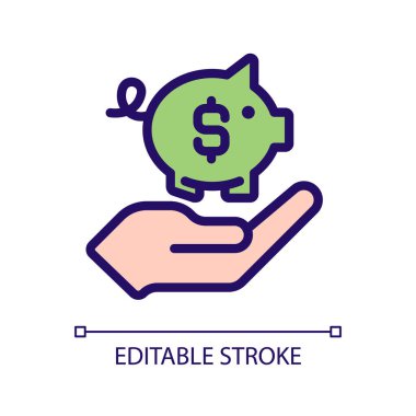 Para piksel mükemmel RGB renk simgesi kaydediliyor. Bütçe yönetimi. Acil durum fonu. Emeklilik hesabı. İzole vektör çizimi. Basit bir çizgi çizimi. Düzenlenebilir felç. Kullanılan Arial yazı tipi