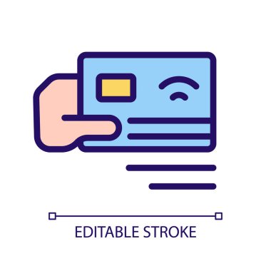 Kart pikseline göre ödeme mükemmel RGB renk simgesi. Elektronik transfer. Kredi kartıyla öde. Finansal hizmet. İzole vektör çizimi. Basit bir çizgi çizimi. Düzenlenebilir felç. Kullanılan Arial yazı tipi