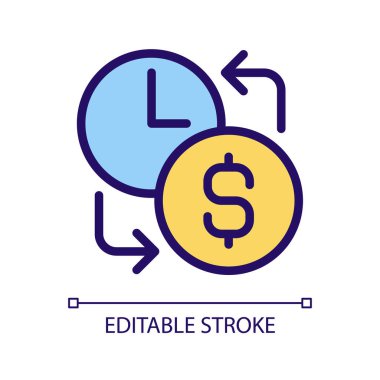 Ücret pikseli mükemmel RGB renk simgesi. Saatlik kazanç. İşçi parasal tazminatı. Fazla mesai ücreti. İzole vektör çizimi. Basit bir çizgi çizimi. Düzenlenebilir felç. Kullanılan Arial yazı tipi