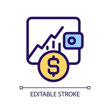 Yatırım pikseli mükemmel RGB renk simgesi. Hisse senetlerinden para kazanmak. Finansal piyasa. Ekonomik büyüme. İzole vektör çizimi. Basit bir çizgi çizimi. Düzenlenebilir felç. Kullanılan Arial yazı tipi