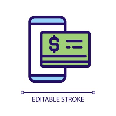 Dijital para piksel mükemmel RGB renk simgesi. Mobil bankacılık. Temassız kredi kartı. Sanal para birimi. İzole vektör çizimi. Basit bir çizgi çizimi. Düzenlenebilir felç. Kullanılan Arial yazı tipi