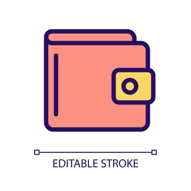 Çanta pikseli mükemmel RGB renk simgesi. Para çantası. Geleneksel cüzdan. Nakit ve bozuk para taşıyın. Güvenli depo. İzole vektör çizimi. Basit bir çizgi çizimi. Düzenlenebilir felç. Kullanılan Arial yazı tipi