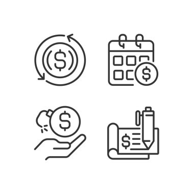 Aktarımlar ve ödemeler piksel mükemmel doğrusal simgeler ayarlandı. Aylık gelir. Finansal risk. Çek defteri. Özelleştirilebilir ince çizgi sembolleri. İzole vektör çizimi çizimleri. Düzenlenebilir vuruş