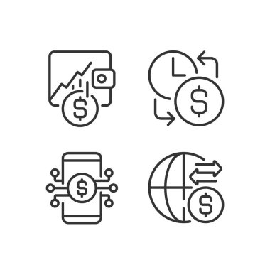 Günlük nakit akışı pikseli mükemmel doğrusal simgeler ayarlandı. Saatlik kazanç. Hisse senedi. Uluslararası para transferi. Özelleştirilebilir ince çizgi sembolleri. İzole vektör çizimi çizimleri. Düzenlenebilir vuruş