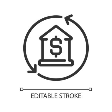 İpotek pikseli mükemmel doğrusal simge. Ev kredisi. Kişisel eşya satın almak. Emlak satın almak. İnce çizgili çizim. Contour sembolü. Vektör çizimi. Düzenlenebilir felç. Kullanılan Arial yazı tipi