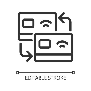 Kart aktarım pikseli mükemmel doğrusal simge. Para transferi. Banka hesabından para gönder. Paranı al. İnce çizgili çizim. Contour sembolü. Vektör çizimi. Düzenlenebilir felç. Kullanılan Arial yazı tipi