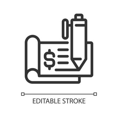 Çek defteri pikseli mükemmel doğrusal simge. Çek yaprağı. Finansal belge. Pazarlığa açık bir alet. İnce çizgili çizim. Contour sembolü. Vektör çizimi. Düzenlenebilir felç. Kullanılan Arial yazı tipi
