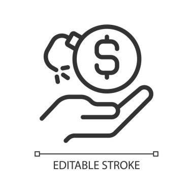 Para kaybı pikseli mükemmel doğrusal simge. Finansal risk. İflas davası. Borçlarla uğraşmak. İnce çizgili çizim. Contour sembolü. Vektör çizimi. Düzenlenebilir felç. Kullanılan Arial yazı tipi