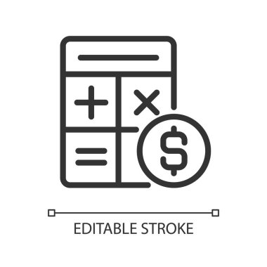 Para piksel saymak mükemmel doğrusal simge. Finansal muhasebe. Nakit kontrolü. Gelir beyanı. İnce çizgili çizim. Contour sembolü. Vektör çizimi. Düzenlenebilir felç. Kullanılan Arial yazı tipi