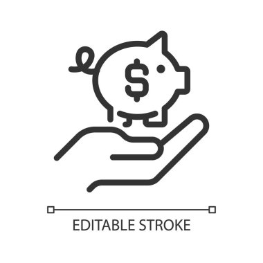 Para piksel mükemmel doğrusal simge kaydediliyor. Bütçe yönetimi. Acil durum fonu. Emeklilik hesabı. İnce çizgili çizim. Contour sembolü. Vektör çizimi. Düzenlenebilir felç. Kullanılan Arial yazı tipi