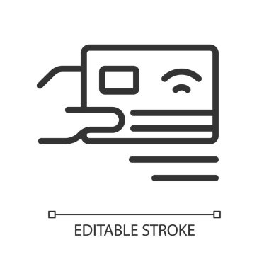 Kart pikseline göre ödeme mükemmel doğrusal simge. Elektronik transfer. Kartla öde. Finansal hizmet. İnce çizgili çizim. Contour sembolü. Vektör çizimi. Düzenlenebilir felç. Kullanılan Arial yazı tipi