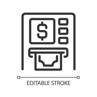 ATM pikseli mükemmel doğrusal simge. Otomatik veznedar makinesi. Nakit çekiyorum. Finansal işlemler. İnce çizgili çizim. Contour sembolü. Vektör çizimi. Düzenlenebilir felç. Kullanılan Arial yazı tipi