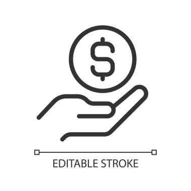 Elde bozuk para piksel mükemmel doğrusal simge. Para vermek. Finansal katkı. Ödünç para veriyorum. İnce çizgili çizim. Contour sembolü. Vektör çizimi. Düzenlenebilir felç. Kullanılan Arial yazı tipi