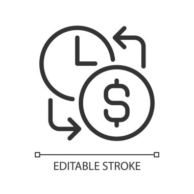 Maaş pikseli mükemmel doğrusal simge. Saatlik kazanç. İşçi parasal tazminatı. Fazla mesai ücreti. İnce çizgili çizim. Contour sembolü. Vektör çizimi. Düzenlenebilir felç. Kullanılan Arial yazı tipi