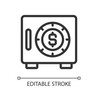 Güvenli piksel mükemmel doğrusal simge. Para kutusu. Para depolamak için güvenli konteynır. Depo alanı. İnce çizgili çizim. Contour sembolü. Vektör çizimi. Düzenlenebilir felç. Kullanılan Arial yazı tipi