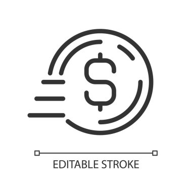 Hareket pikselinde sikke mükemmel doğrusal simge. Banka havale ödemesi. Para gönder. Dijital cüzdan. İnce çizgili çizim. Contour sembolü. Vektör çizimi. Düzenlenebilir felç. Kullanılan Arial yazı tipi