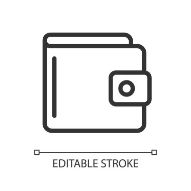 Çanta pikseli mükemmel doğrusal simge. Para çantası. Geleneksel cüzdan. Nakit ve bozuk para taşıyın. Güvenli depo. İnce çizgili çizim. Contour sembolü. Vektör çizimi. Düzenlenebilir felç. Kullanılan Arial yazı tipi