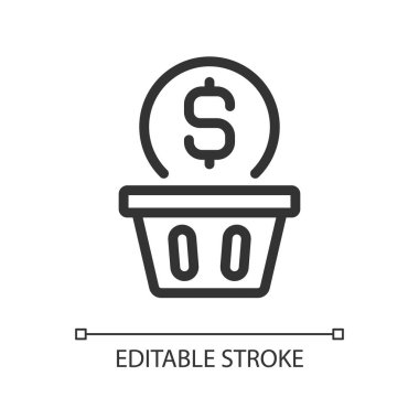 Harcanan para piksel mükemmel doğrusal simge. Alışveriş yaparken para harcamak. Düşüncesizce alışveriş yapan. Fazla harcama. İnce çizgili çizim. Contour sembolü. Vektör çizimi. Düzenlenebilir felç. Kullanılan Arial yazı tipi