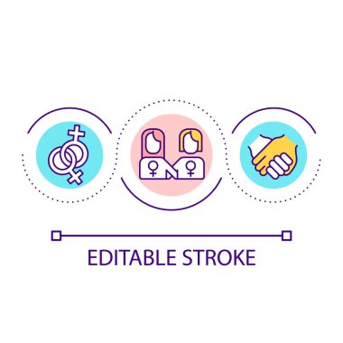 Aynı cinsiyet aşıkları konsept ikonu. Lezbiyen ortaklar ilişkisi. LGBT çift soyut fikir ince çizgi illüstrasyon. İzole bir taslak çizim. Düzenlenebilir felç. Kullanılan Arial yazı tipi