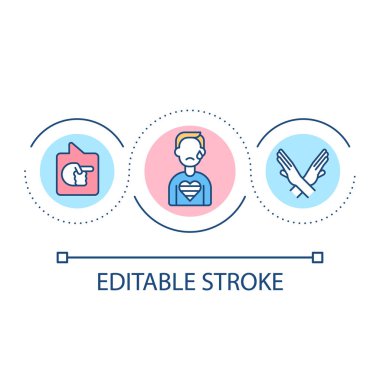 Taciz döngüsü konsepti ikonunu durdurun. Saldırgan ifadelerden kaçının. LGBT toplumu soyut fikir ince çizgi çizimine meydan okuyor. İzole bir taslak çizim. Düzenlenebilir felç. Kullanılan Arial yazı tipi