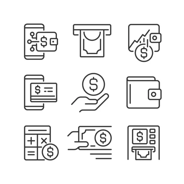 Financial Management Pixel Perfect Linear Icons Set Withdrawing Cash Atm — Stock Vector