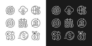 Finansal işlemler piksel mükemmel doğrusal simgeler karanlık, aydınlık mod için ayarlanır. Para yönetimi. Uluslararası transfer. Gece ve gündüz teması için ince çizgi sembolleri. İzole çizimler. Düzenlenebilir vuruş