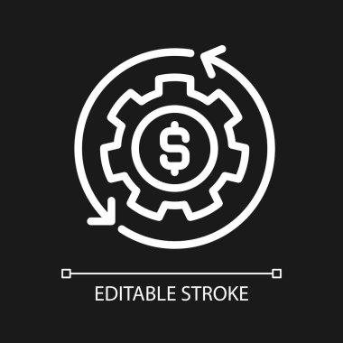 Para yönetimi piksel koyu tema için mükemmel beyaz doğrusal simge. Finansal başarı elde etmek. Bütçe belirleme. İnce çizgili çizim. Gece modu için izole edilmiş sembol. Düzenlenebilir felç. Kullanılan Arial yazı tipi