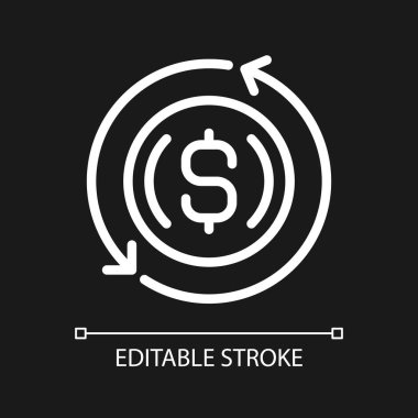 Koyu renk tema için mükemmel beyaz renk pikseli. İpotek değişikliği. Kredi modifikasyonu. İnce çizgili çizim. Gece modu için izole edilmiş sembol. Düzenlenebilir felç. Kullanılan Arial yazı tipi