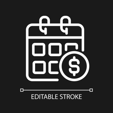 Koyu renk tema için maaş pikseli mükemmel beyaz doğrusal simge. Aylık gelir. Düzenli maaş çeki. Yıllık kazanç. İnce çizgili çizim. Gece modu için izole edilmiş sembol. Düzenlenebilir felç. Kullanılan Arial yazı tipi