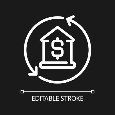 Koyu tema için ipotek pikseli mükemmel beyaz doğrusal simge. Ev kredisi. Mülk satın almak. Emlak satın almak. İnce çizgili çizim. Gece modu için izole edilmiş sembol. Düzenlenebilir felç. Kullanılan Arial yazı tipi