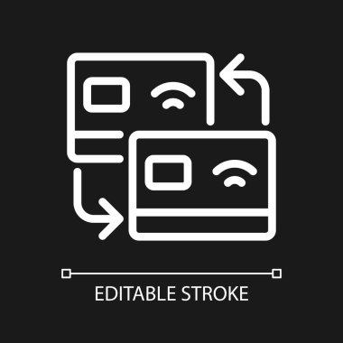 Kart aktarım pikseli koyu tema için mükemmel beyaz doğrusal simge. Para transferi. Banka hesabından para gönder. İnce çizgili çizim. Gece modu için izole edilmiş sembol. Düzenlenebilir felç. Kullanılan Arial yazı tipi