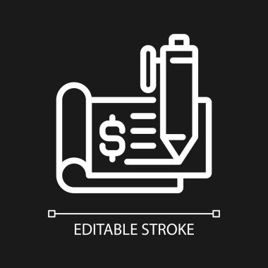 Çek defteri piksel koyu tema için mükemmel beyaz doğrusal simge. Çek yaprağı. Finansal belge. Çek defteri. İnce çizgili çizim. Gece modu için izole edilmiş sembol. Düzenlenebilir felç. Kullanılan Arial yazı tipi