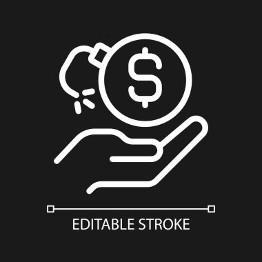 Para kaybı pikseli koyu tema için mükemmel beyaz doğrusal simge. Finansal risk. İflas davası. Borçla uğraş. İnce çizgili çizim. Gece modu için izole edilmiş sembol. Düzenlenebilir felç. Kullanılan Arial yazı tipi