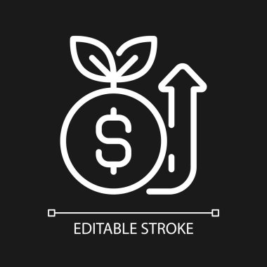 Koyu renk tema için para piksel mükemmel beyaz doğrusal simge yükseltiliyor. Bağış etkinliği. Kitle fonlaması. Başlangıç sermayesi. İnce çizgili çizim. Gece modu için izole edilmiş sembol. Düzenlenebilir felç. Kullanılan Arial yazı tipi