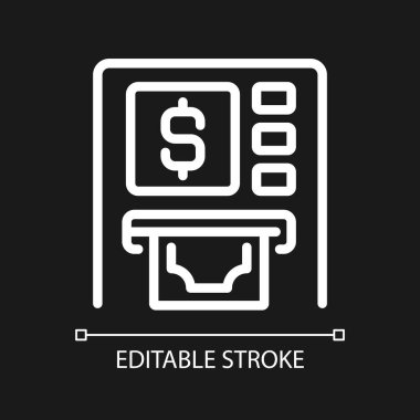 ATM pikseli koyu renk tema için mükemmel beyaz doğrusal simge. Otomatik veznedar makinesi. Geri çekilin. Finansal işlemler. İnce çizgili çizim. Gece modu için izole edilmiş sembol. Düzenlenebilir felç. Kullanılan Arial yazı tipi