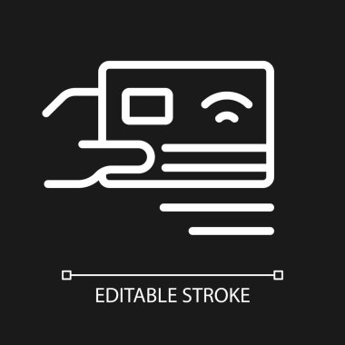 Kart piksel ile ödeme koyu tema için mükemmel beyaz doğrusal simge. Elektronik transfer. Kartla öde. İnce çizgili çizim. Gece modu için izole edilmiş sembol. Düzenlenebilir felç. Kullanılan Arial yazı tipi