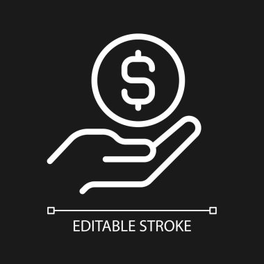 Eldeki bozuk para piksel koyu tema için mükemmel beyaz doğrusal simge. Para vermek. Finansal katkı. Ödünç para ver. İnce çizgili çizim. Gece modu için izole edilmiş sembol. Düzenlenebilir felç. Kullanılan Arial yazı tipi