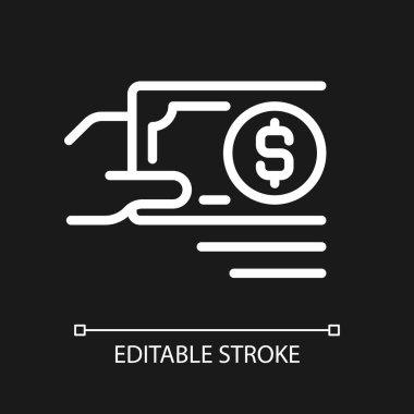Nakit piksel olarak ödeme koyu tema için mükemmel beyaz doğrusal simge. Kağıt para birimi. Alım ve satım. İnce çizgili çizim. Gece modu için izole edilmiş sembol. Düzenlenebilir felç. Kullanılan Arial yazı tipi