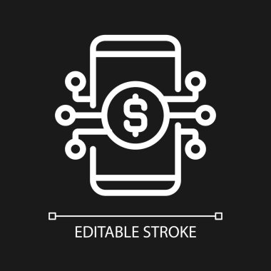Dijital bankacılık pikseli koyu tema için mükemmel beyaz doğrusal simge. İnternette para yönetiyorum. Mobil bankacılık uygulaması. İnce çizgili çizim. Gece modu için izole edilmiş sembol. Düzenlenebilir felç. Kullanılan Arial yazı tipi