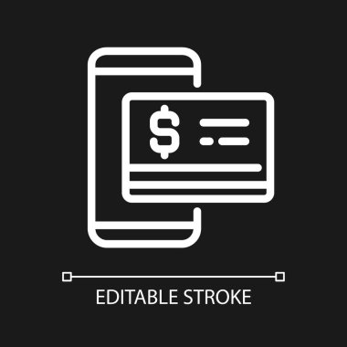 Dijital para pikseli koyu tema için mükemmel beyaz doğrusal simge. Mobil bankacılık. Temassız kredi kartı. İnce çizgili çizim. Gece modu için izole edilmiş sembol. Düzenlenebilir felç. Kullanılan Arial yazı tipi