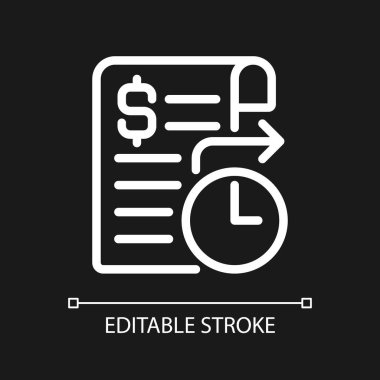 Koyu tema için ayakta duran beyaz renk pikseli mükemmel doğrusal simge. Normal otomatik ödeme. Banka hesabı. İnce çizgili çizim. Gece modu için izole edilmiş sembol. Düzenlenebilir felç. Kullanılan Arial yazı tipi