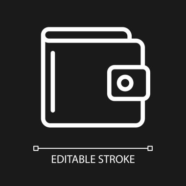 Çanta pikseli koyu renk tema için mükemmel beyaz doğrusal simge. Para çantası. Geleneksel cüzdan. Nakit ve bozuk para taşıyın. İnce çizgili çizim. Gece modu için izole edilmiş sembol. Düzenlenebilir felç. Kullanılan Arial yazı tipi