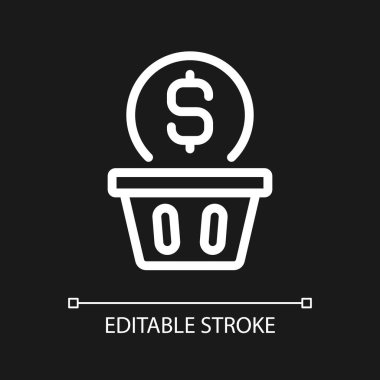 Para piksel harcamak koyu tema için mükemmel beyaz doğrusal simge. Alışveriş yaparken para harcamak. Düşüncesizce alışveriş yapan. İnce çizgili çizim. Gece modu için izole edilmiş sembol. Düzenlenebilir felç. Kullanılan Arial yazı tipi