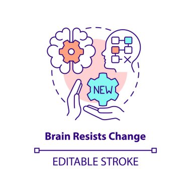 Beyin konsept ikonunu değiştirir. Dönüşümden kaçının. Direnmek, mantığı, soyut fikri, ince çizgi çizimini değiştirir. İzole bir taslak çizim. Düzenlenebilir felç. Arial, Myriad Pro-Kalın yazı tipleri