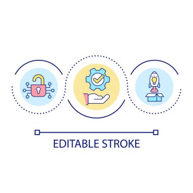 Yenilik entegrasyon döngüsü konsepti simgesi. Mal varlığının ele geçirilmesi. İş geliştirme fikri soyut ince çizgi çizimi. İzole bir taslak çizim. Düzenlenebilir felç. Kullanılan Arial yazı tipi