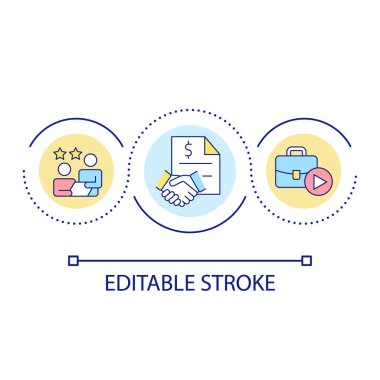 Anlaşma döngüsü konsepti simgesi. İş birliği ve birleşme. Hisse alımı soyut fikir ince çizgi çizimi. İzole bir taslak çizim. Düzenlenebilir felç. Kullanılan Arial yazı tipi